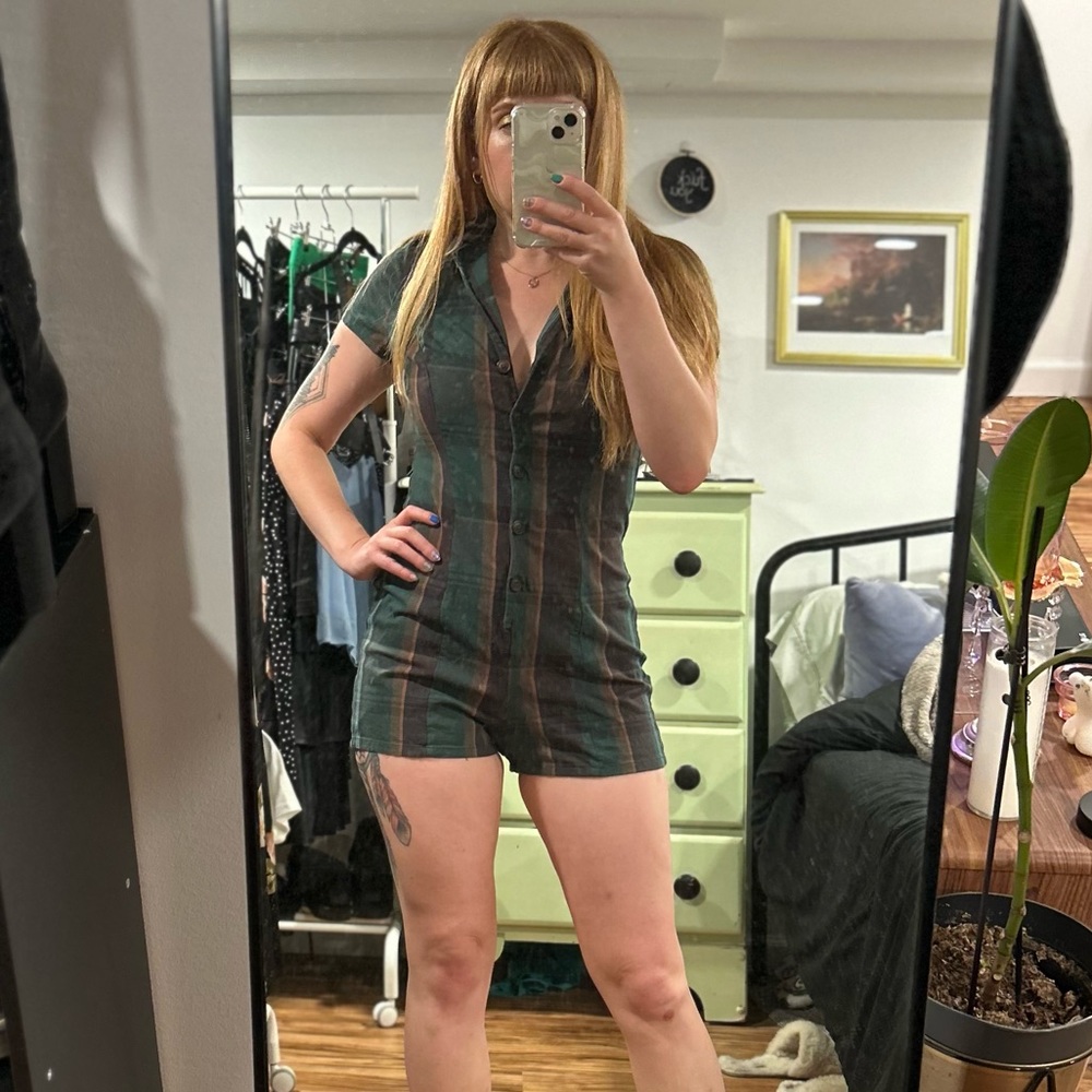 Green and orange plaid collared button up romper, size XS